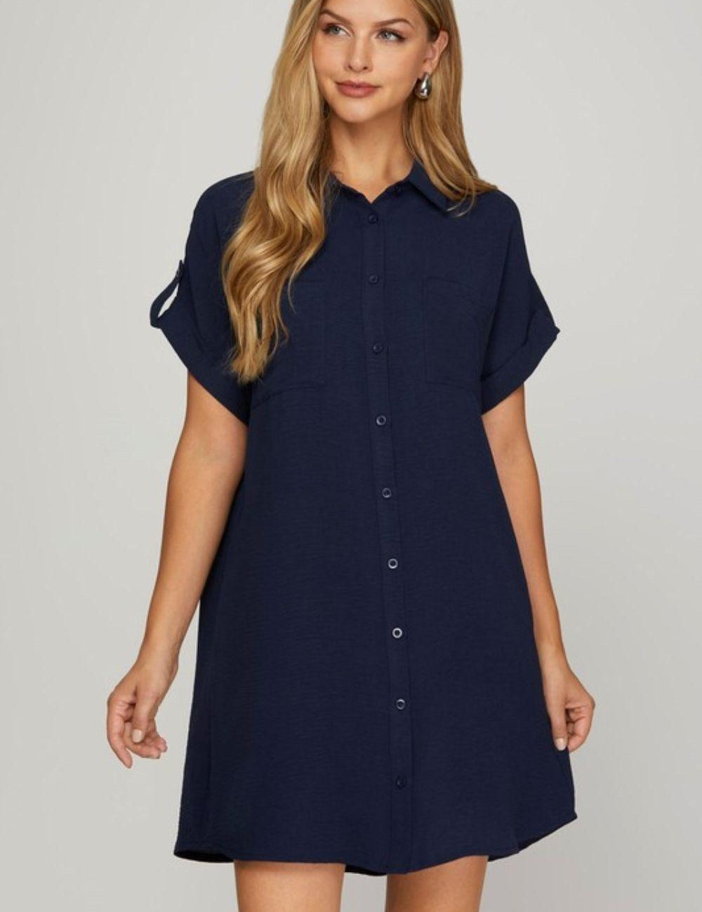 Dark Navy 2XL She + Sky Full Size Button Down Short Sleeve Woven Shirt Dress Plus Size | Mini Dresses Daverri Fashions