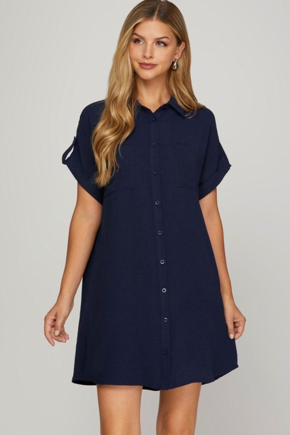 She + Sky Full Size Button Down Short Sleeve Woven Shirt Dress Plus Size Dark Navy 2XL Mini Dresses
