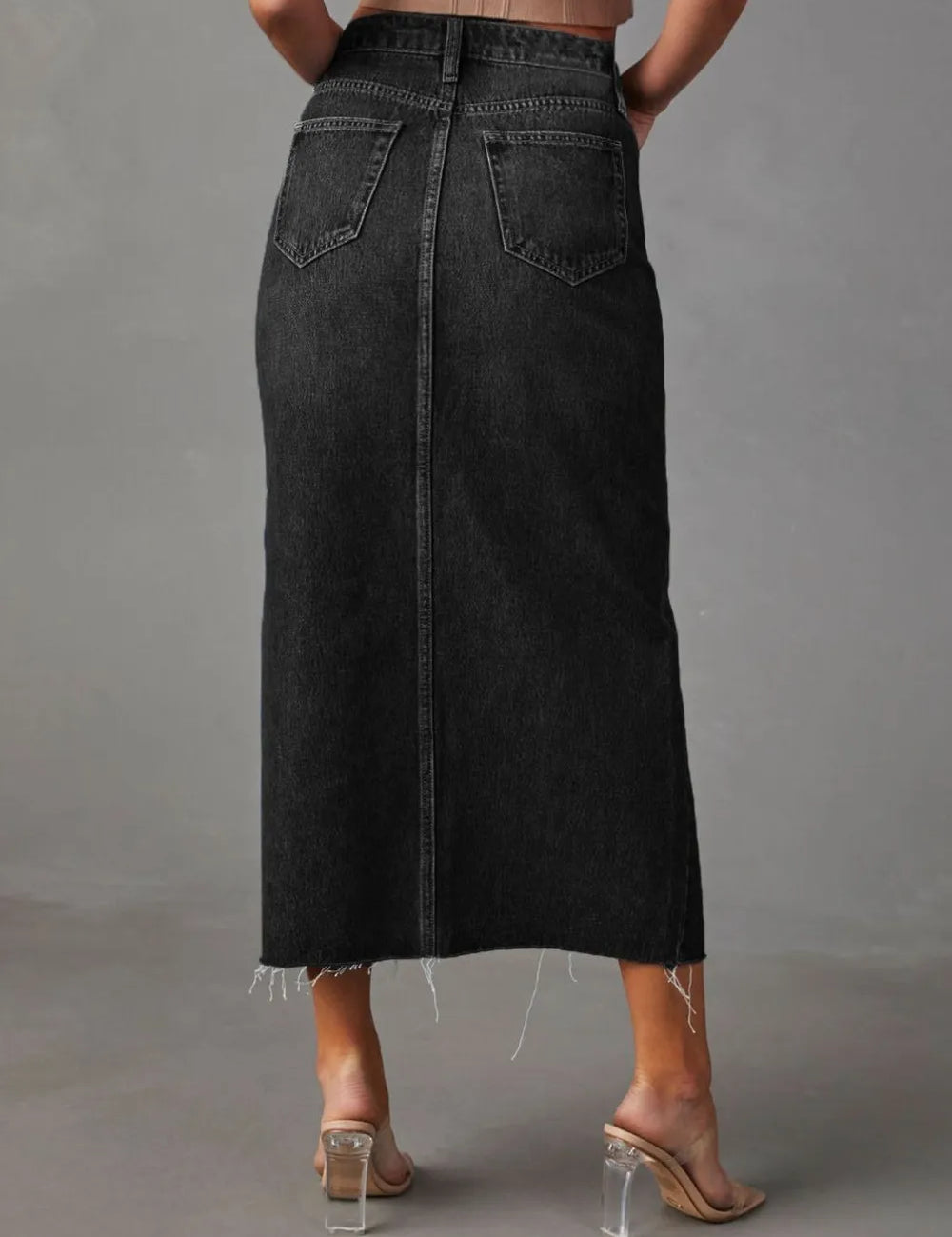 Raw Hem Front Slit Denim Midi Skirt | Skirt Daverri Fashions