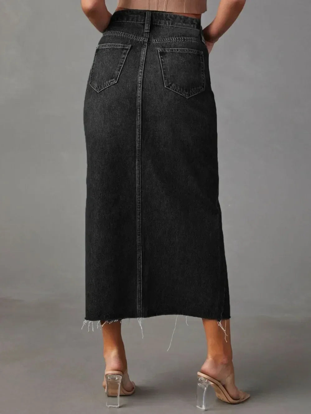 Raw Hem Front Slit Denim Midi Skirt - DAVERRI FASHIONS