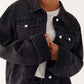 Daverri button down cropped oversized denim jacket, black with white buttons