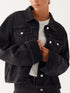 Daverri button down cropped oversized denim jacket, black with white buttons