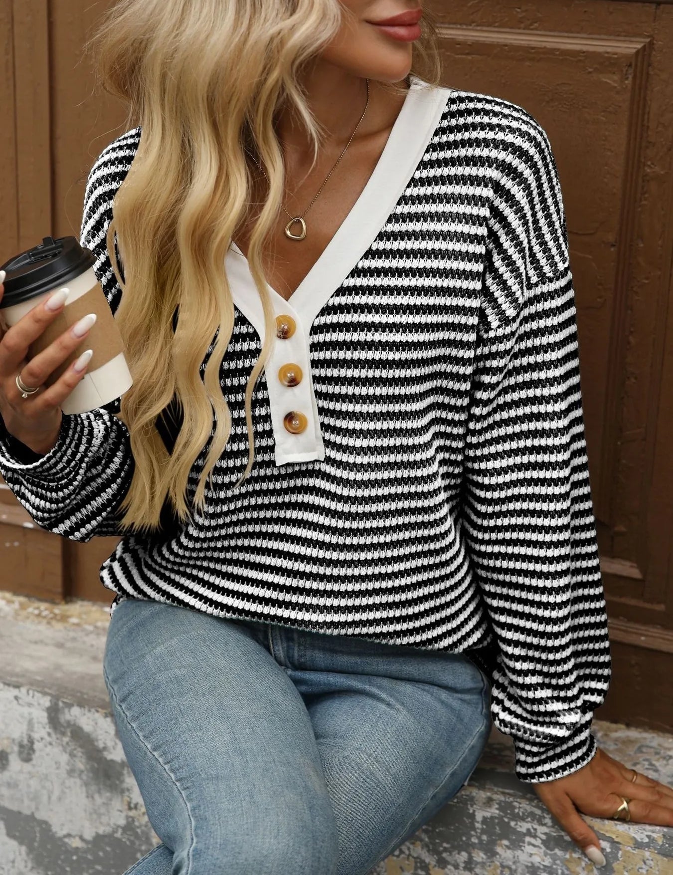 Striped V-Neck Button Front Casual Top | Knit Tops Daverri Fashions