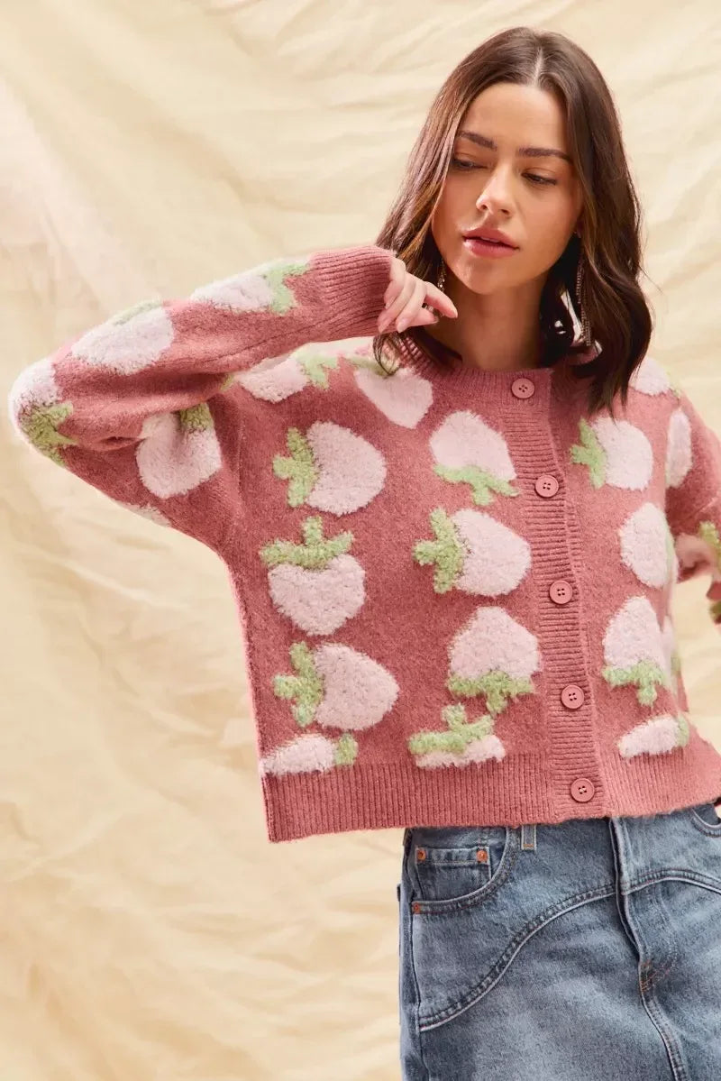 SO ME Strawberry Fruit All Over Button Sweater Cardigan - DAVERRI FASHIONS