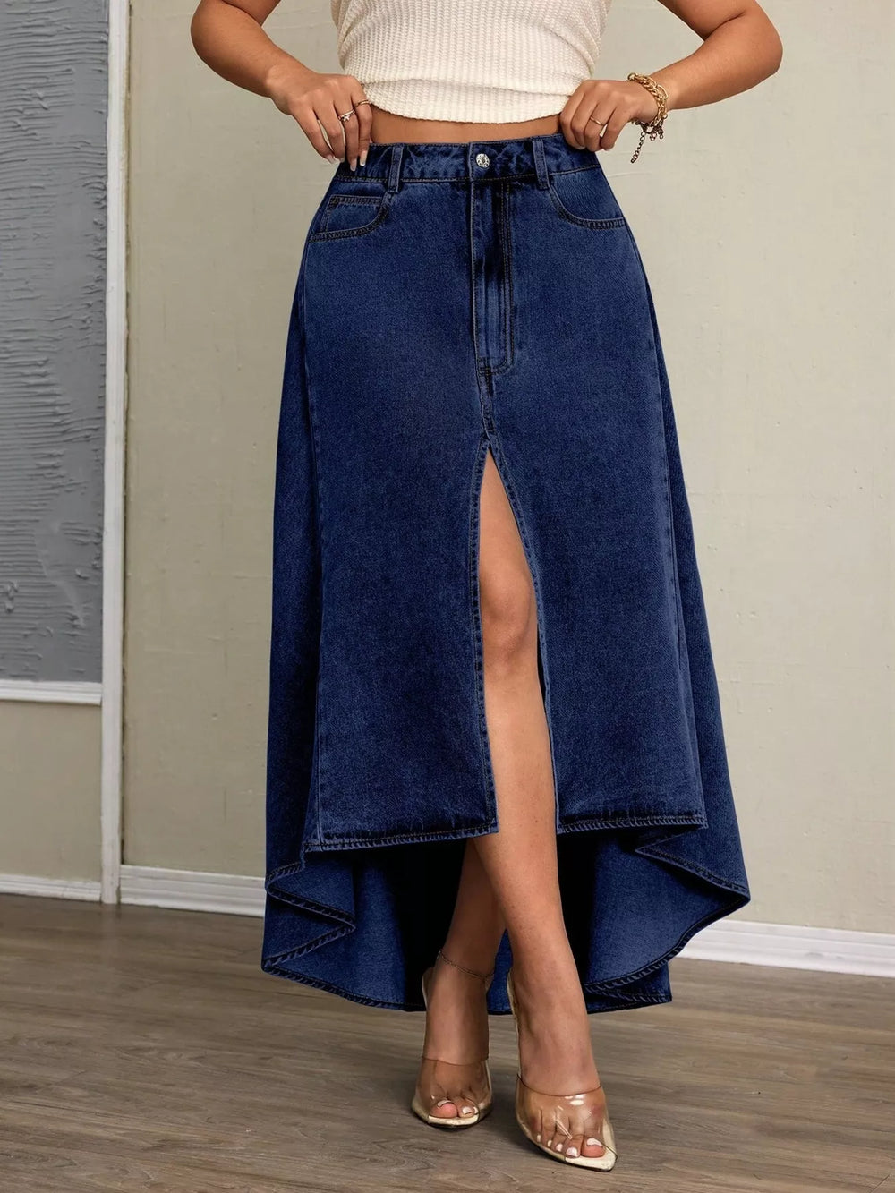 High-Low Slit Denim Skirt | Skirts Daverri Fashions