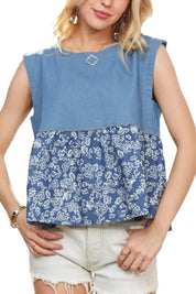 ADORA Sleeveless Denim Contrast Top | Daverri Fashions