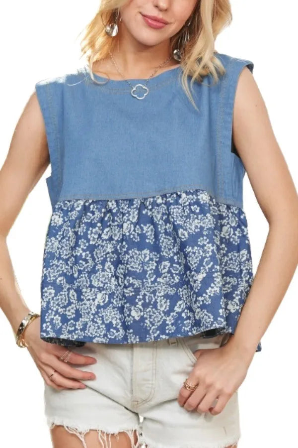 ADORA Sleeveless Denim Contrast Top | Daverri Fashions