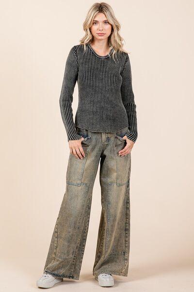 Mittoshop Washed Wide Leg Jeans with Pockets - DAVERRI FASHIONS