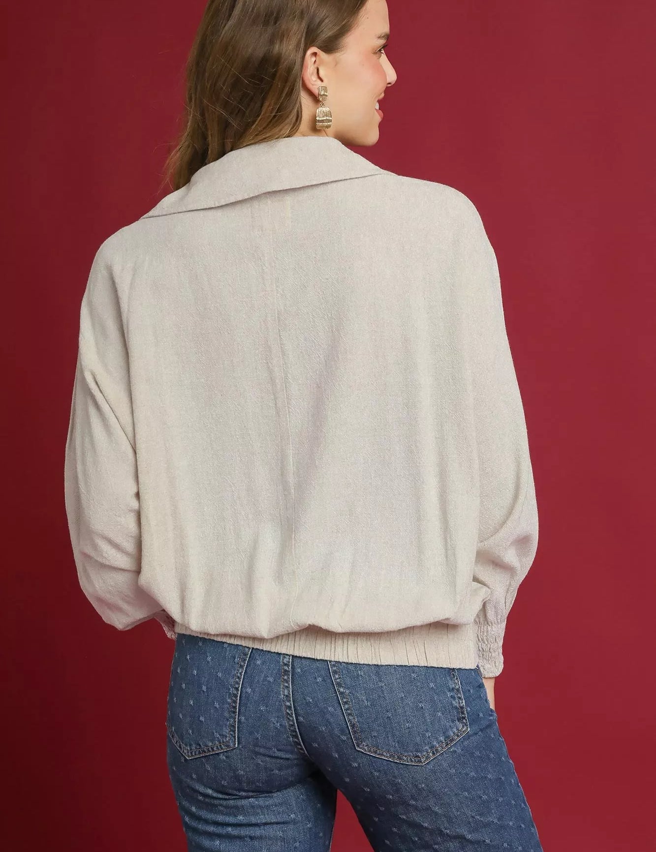 Umgee Linen Long Sleeves Elastic Hem Blouse | Blouses Daverri Fashions