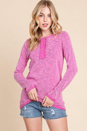 Reborn J Contrast Trim Half Button Long Sleeve T-Shirt MAGENTA T-Shirts