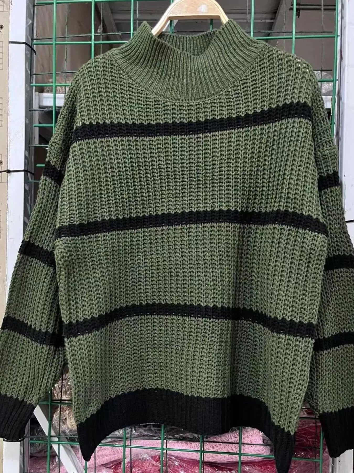 Olive green black striped plus size mock neck knit sweater