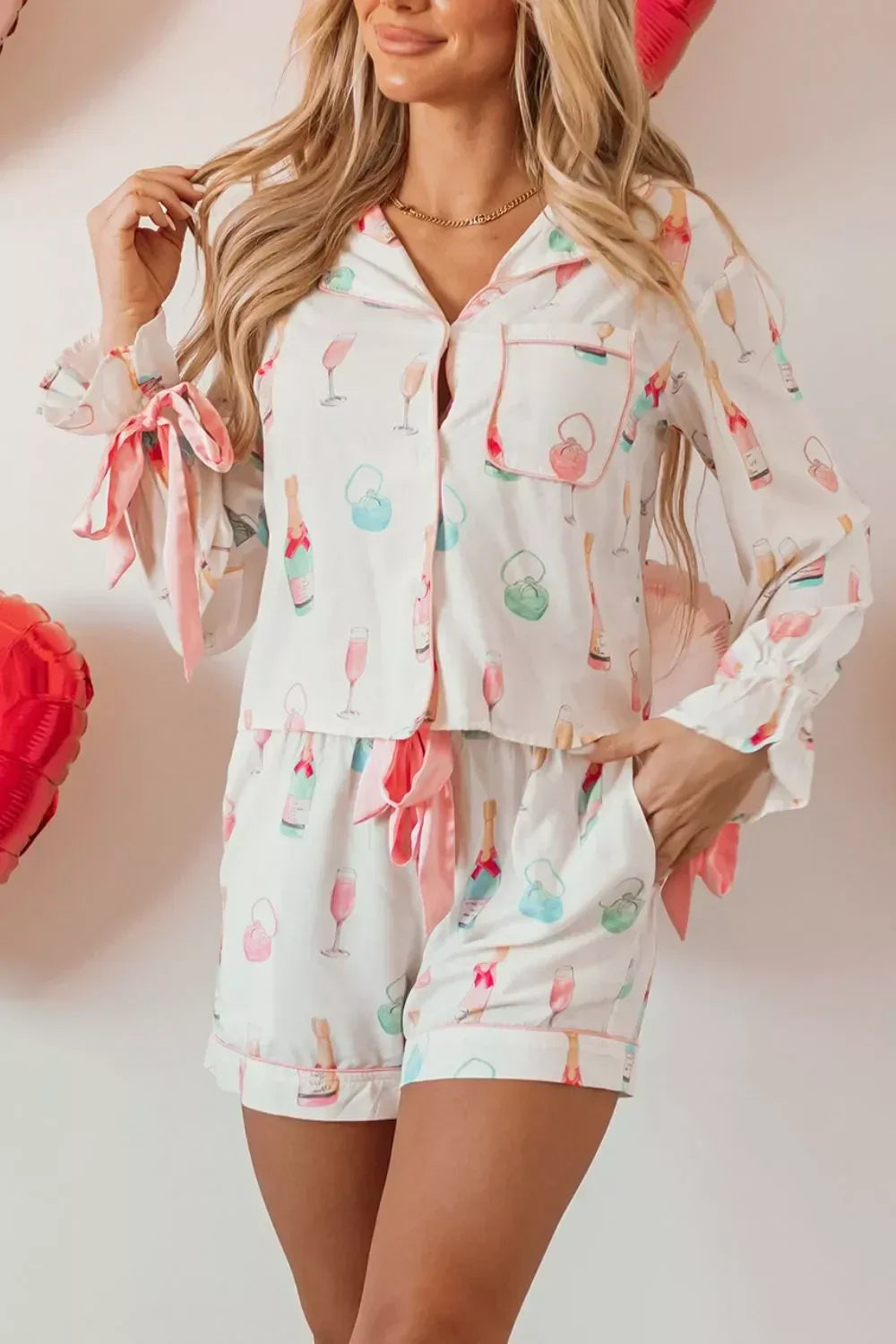 Bow Printed Collared Neck Top and Drawstring Shorts Lounge Set - DAVERRI FASHIONS