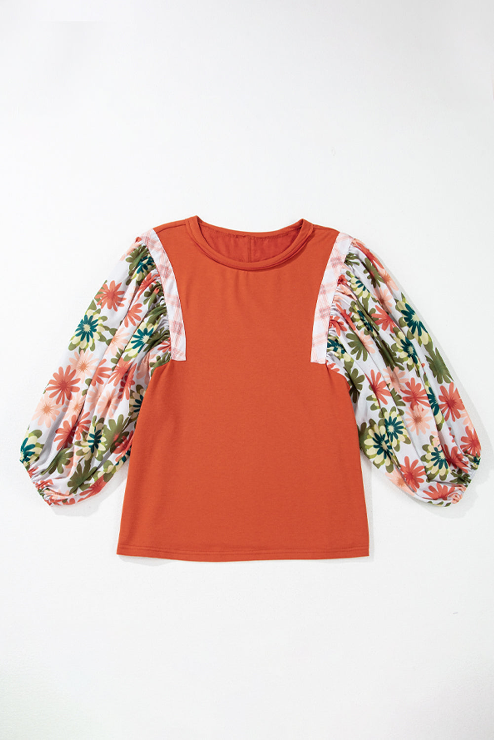 Desert Gold Floral Puff Sleeve Patchwork Round Neck Blouse | Blouses Daverri Fashions