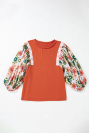 Desert Gold Floral Puff Sleeve Patchwork Round Neck Blouse | Blouses Daverri Fashions