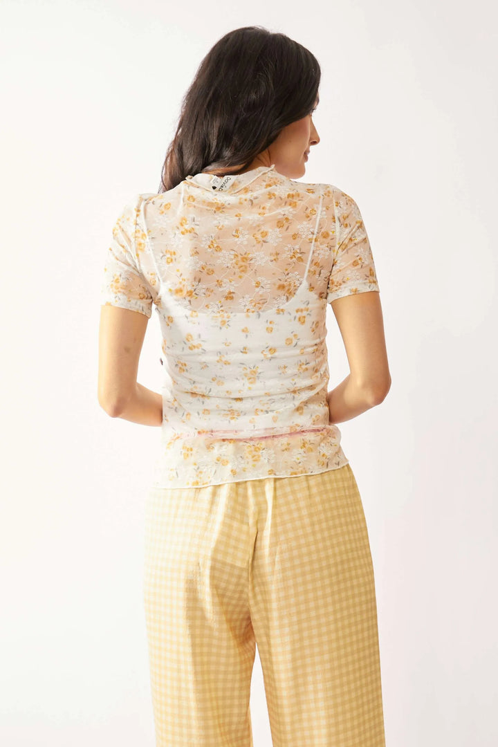 Davi & Dani Loose Turtle Neck Lace Mesh Sheer Top Tops