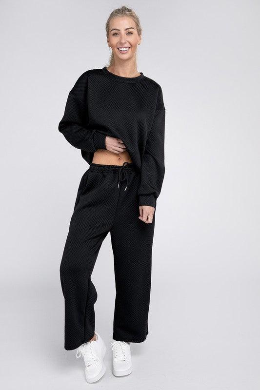 Textured Top and Pants Loungewear Set Pants Sets