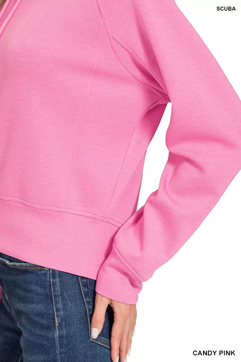 Candy pink Zenana Drawstring Scuba Hoodie with ribbed cuffs and hem