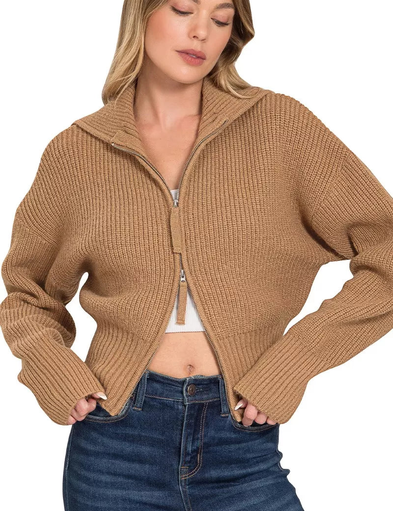 Zenana Ribbed Collared Zip Up Sweater Cardigan | Cardigans Daverri Fashions