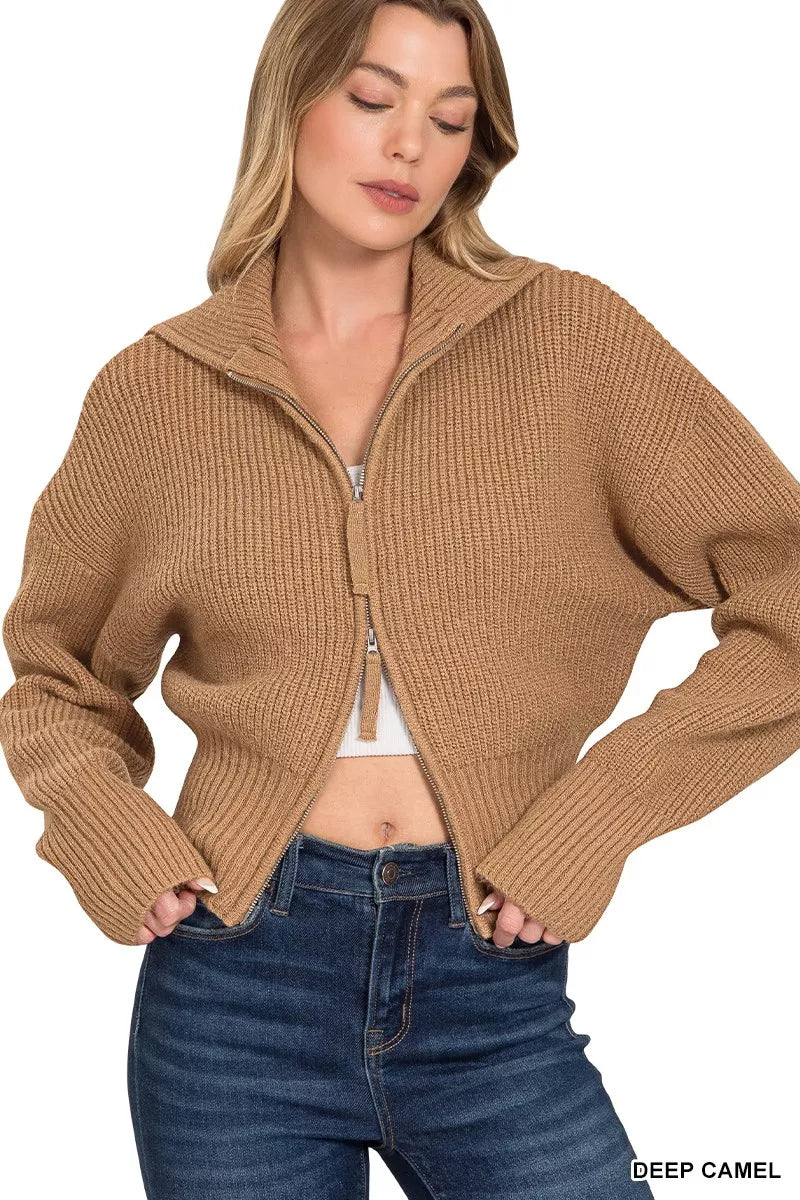 Zenana Ribbed Collared Zip Up Sweater Cardigan | Cardigans Daverri Fashions