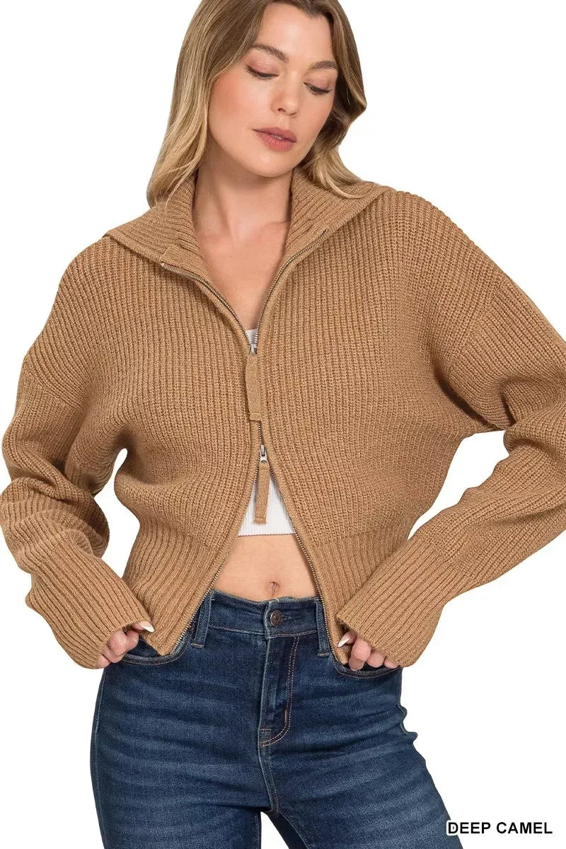 Zenana Ribbed Collared Zip Up Sweater Cardigan Camel - DAVERRI FASHIONS