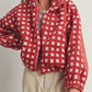 Cozy Daverri Plaid Zip Up Sherpa Jacket in red white checkered fleece