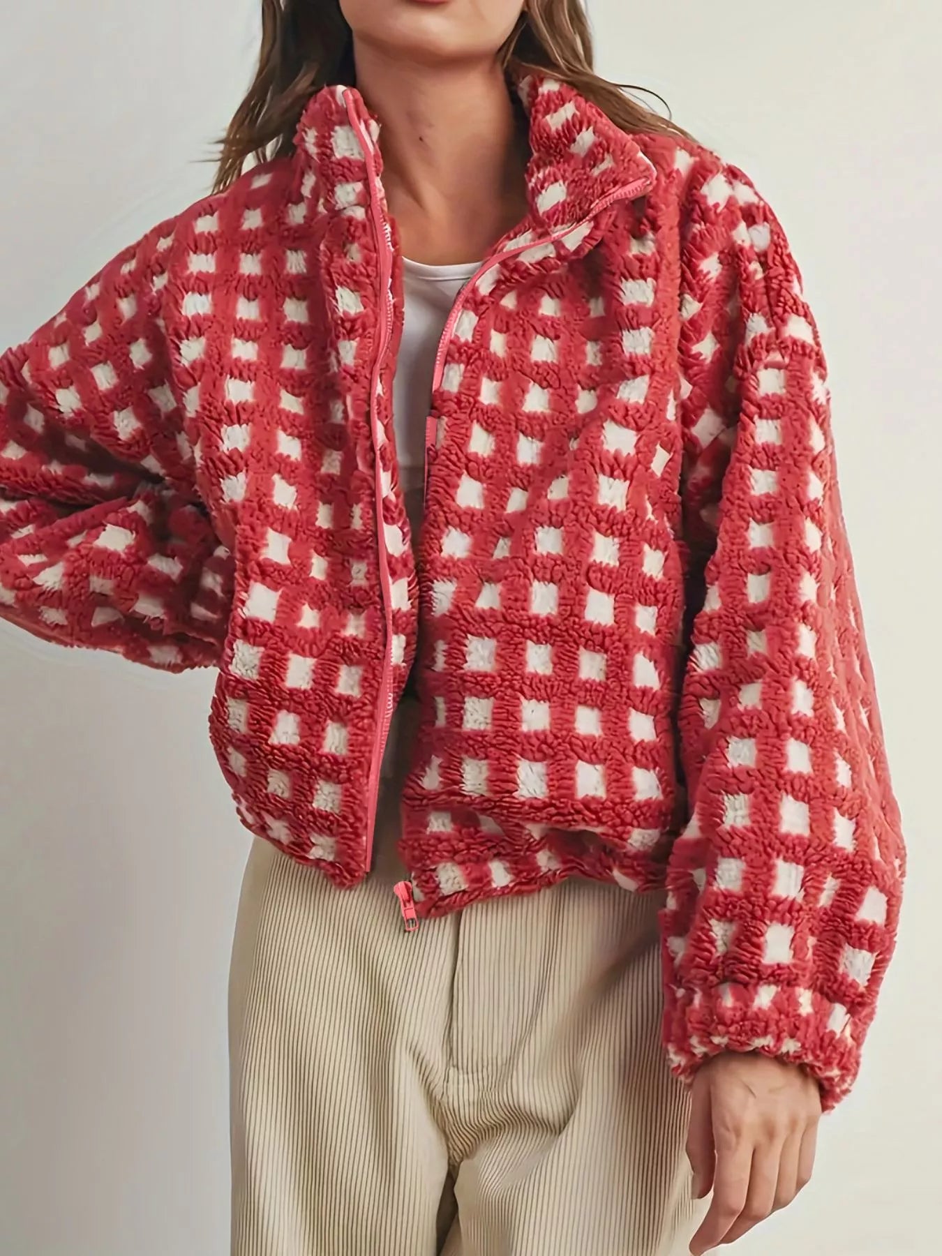 Cozy Daverri Plaid Zip Up Sherpa Jacket in red white checkered fleece