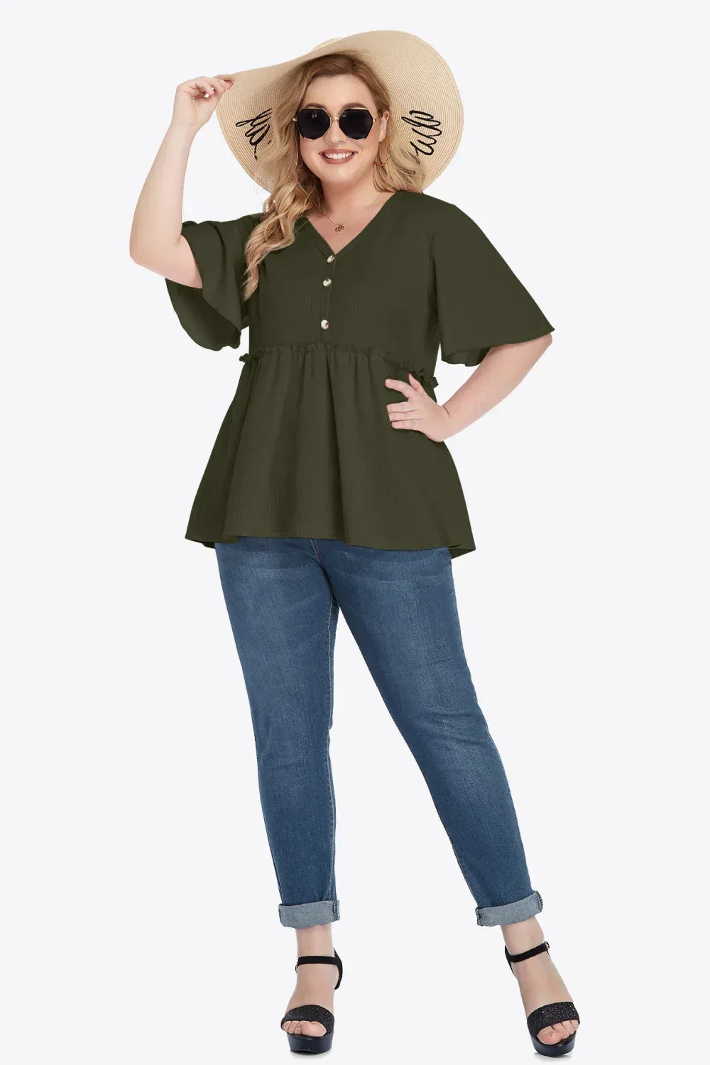 Plus Size Buttoned V-Neck Frill Trim Babydoll Blouse - DAVERRI FASHIONS