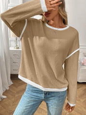 Ribbed Contrast Trim Long Sleeve Top | Knit Tops Daverri Fashions