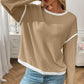 Ribbed Contrast Trim Long Sleeve Top - DAVERRI FASHIONS