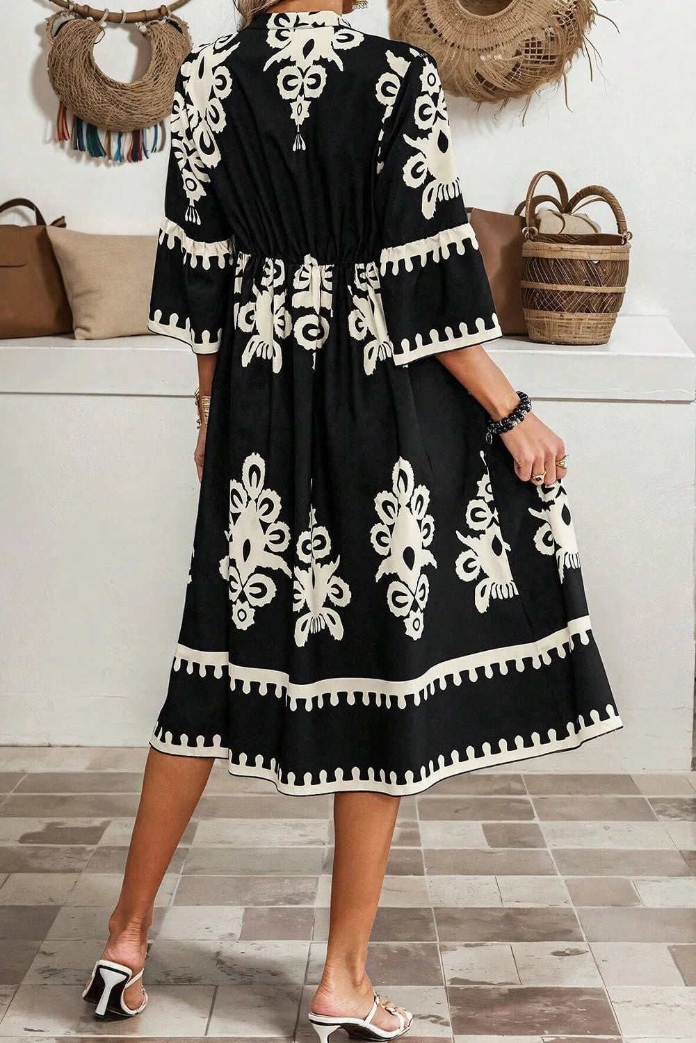 Black and white printed embroidered dress with bell sleeves
