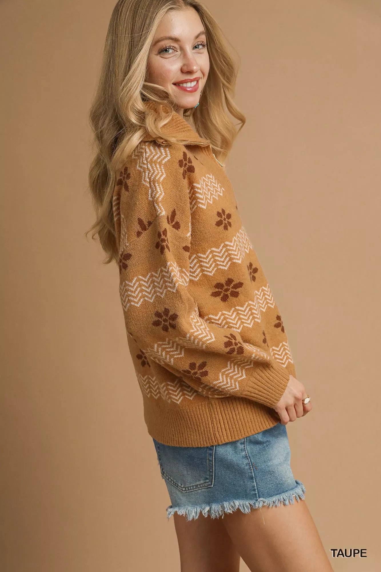 Umgee Floral Patterned Jacquard Quarter-Zip Pullover Sweater | Sweaters Daverri Fashions