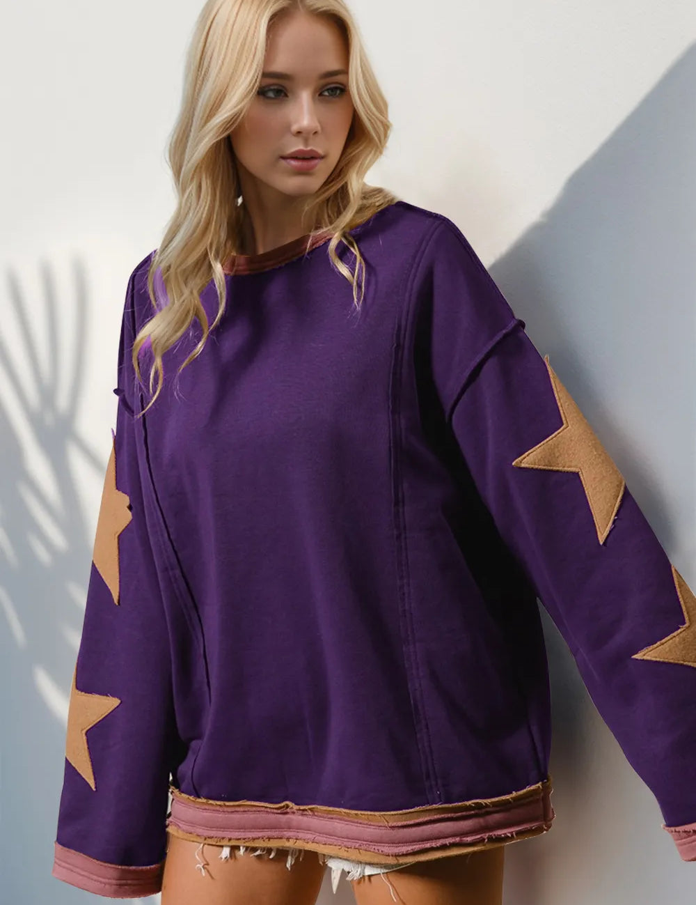 Purple S Double Take Star Patched Long Sleeve Sweatshirt | Sweatshirts Daverri Fashions