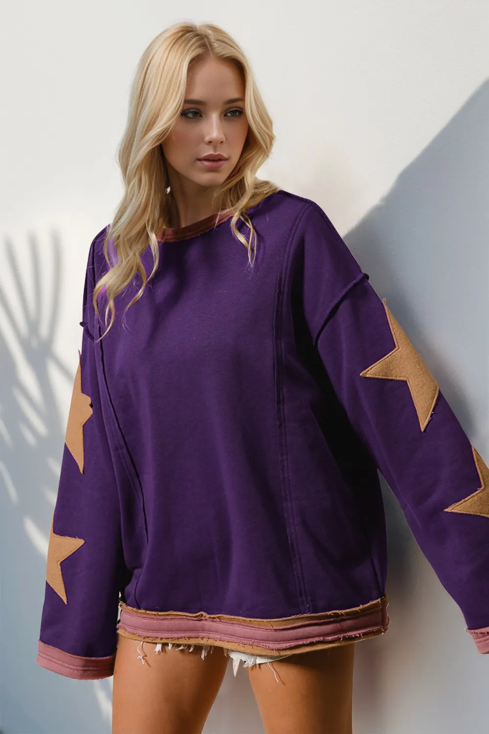 Double Take Star Patched Long Sleeve Sweatshirt Purple Sweatshirts