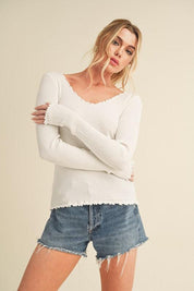 Aemi + Co Lettuce Hem Scoop Neck Long Sleeve Knit Top | Tops Daverri Fashions
