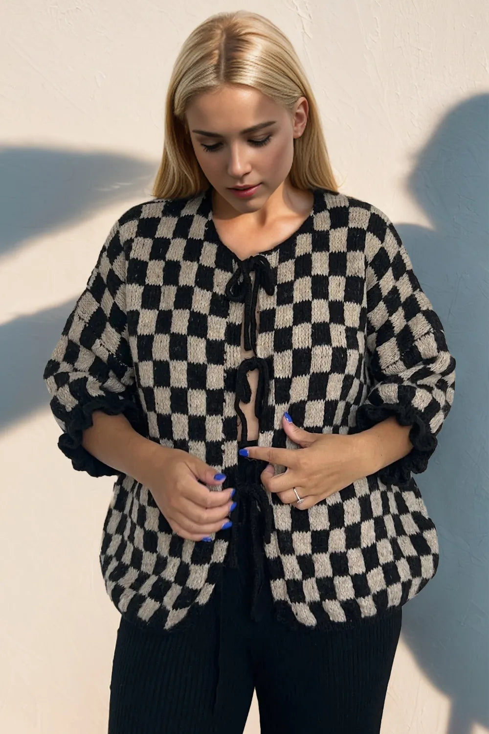 Black Double Take Tied Checkered Dropped Shoulder Flounce Sleeve Cardigan | Cardigans Daverri Fashions