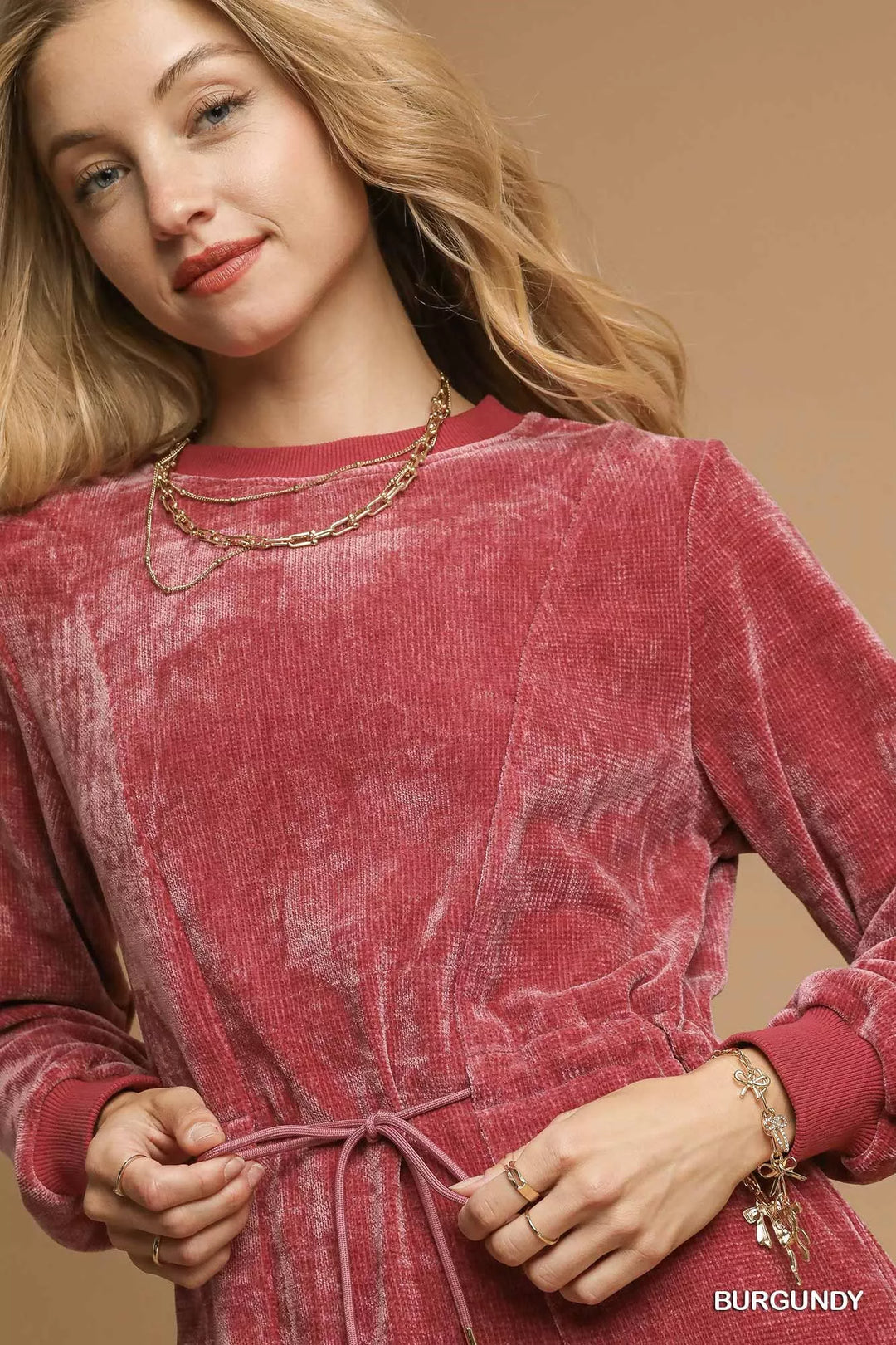 Umgee Velour Drawstring Mini Dress with Long Sleeves | Daverri Fashions