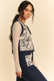 Davi & Dani Lace Patch Open Front Denim Vest | Vest Jackets Daverri Fashions
