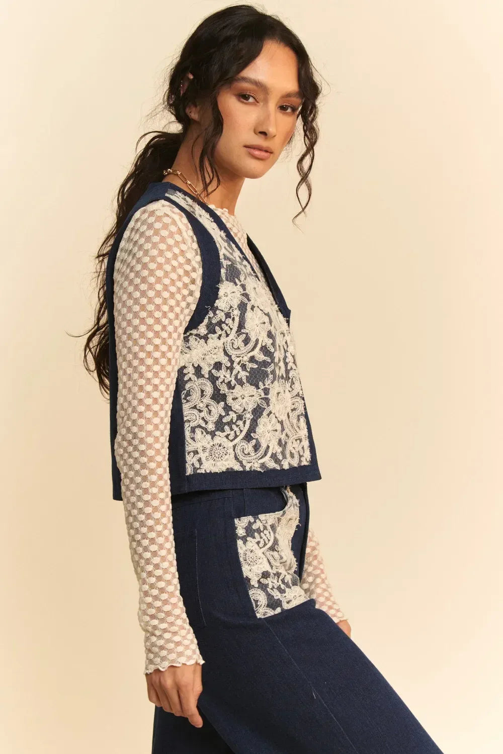 Davi & Dani Lace Patch Open Front Denim Vest - DAVERRI FASHIONS