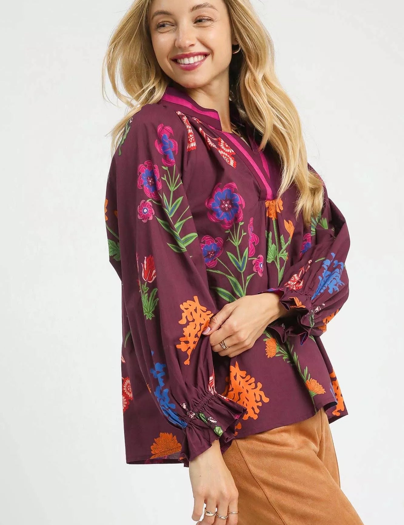 Umgee Floral Print Flounce Sleeve Blouse | Blouses Daverri Fashions