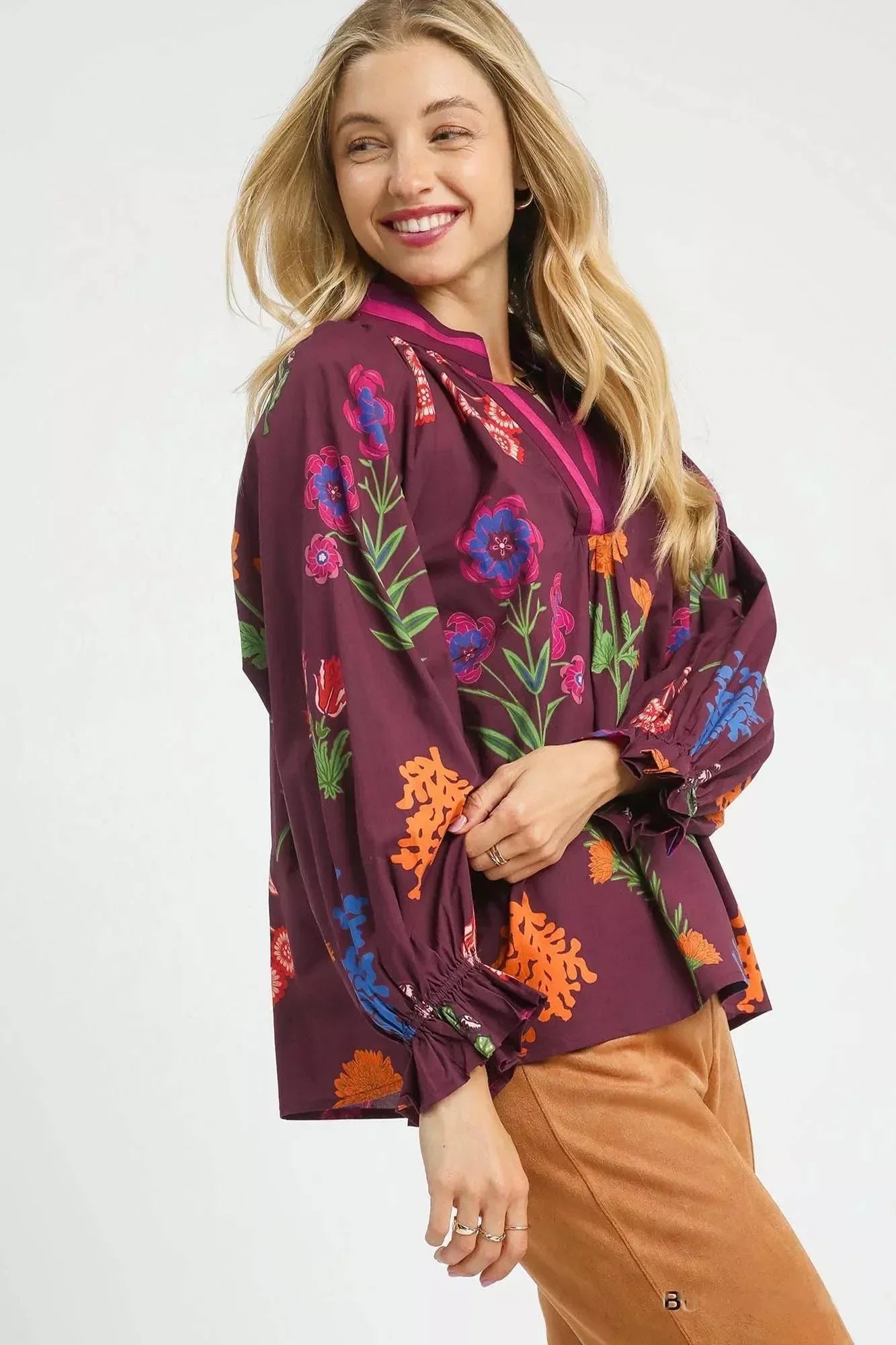 Umgee Floral Print Flounce Sleeve Blouse - DAVERRI FASHIONS