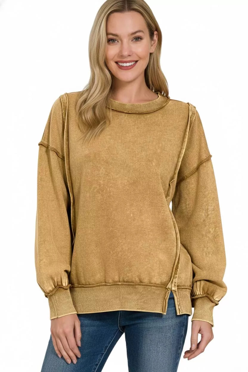 Zenana acid wash mustard-yellow distressed sweatshirt with exposed seams