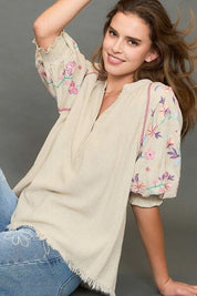 Umgee Half Button Top with Embroidery Sleeves OATMEAL Tops