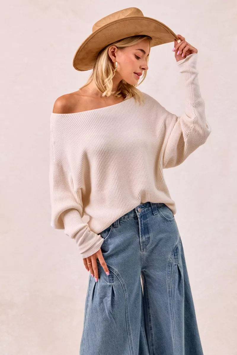 BiBi Waffle Knit Off-Shoulder Cream Ribbed Sweater Top