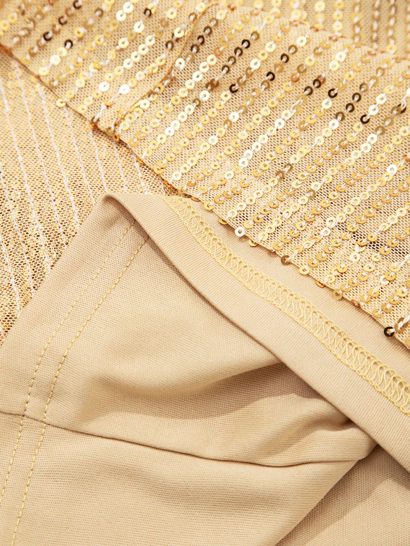 Gold sequined blouse with beige lining, elastic waist, balloon sleeves