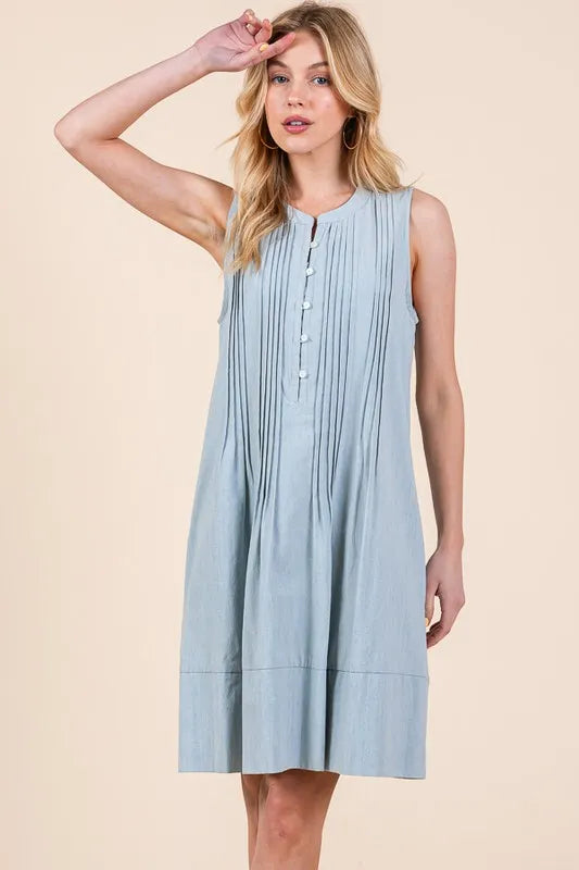 Lime N Chili denim pintuck sleeveless light blue midi dress