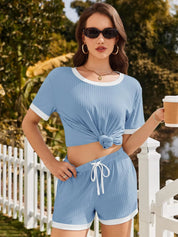 Daverri Fashions blue ribbed knit top and shorts set with white trim