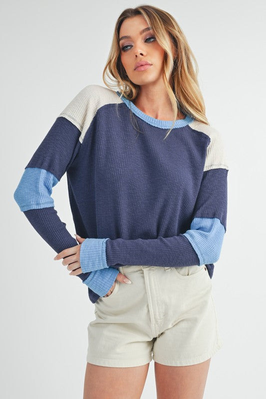 Aemi + Co Raw Seam Color Block Round Neck Knit Top Tops