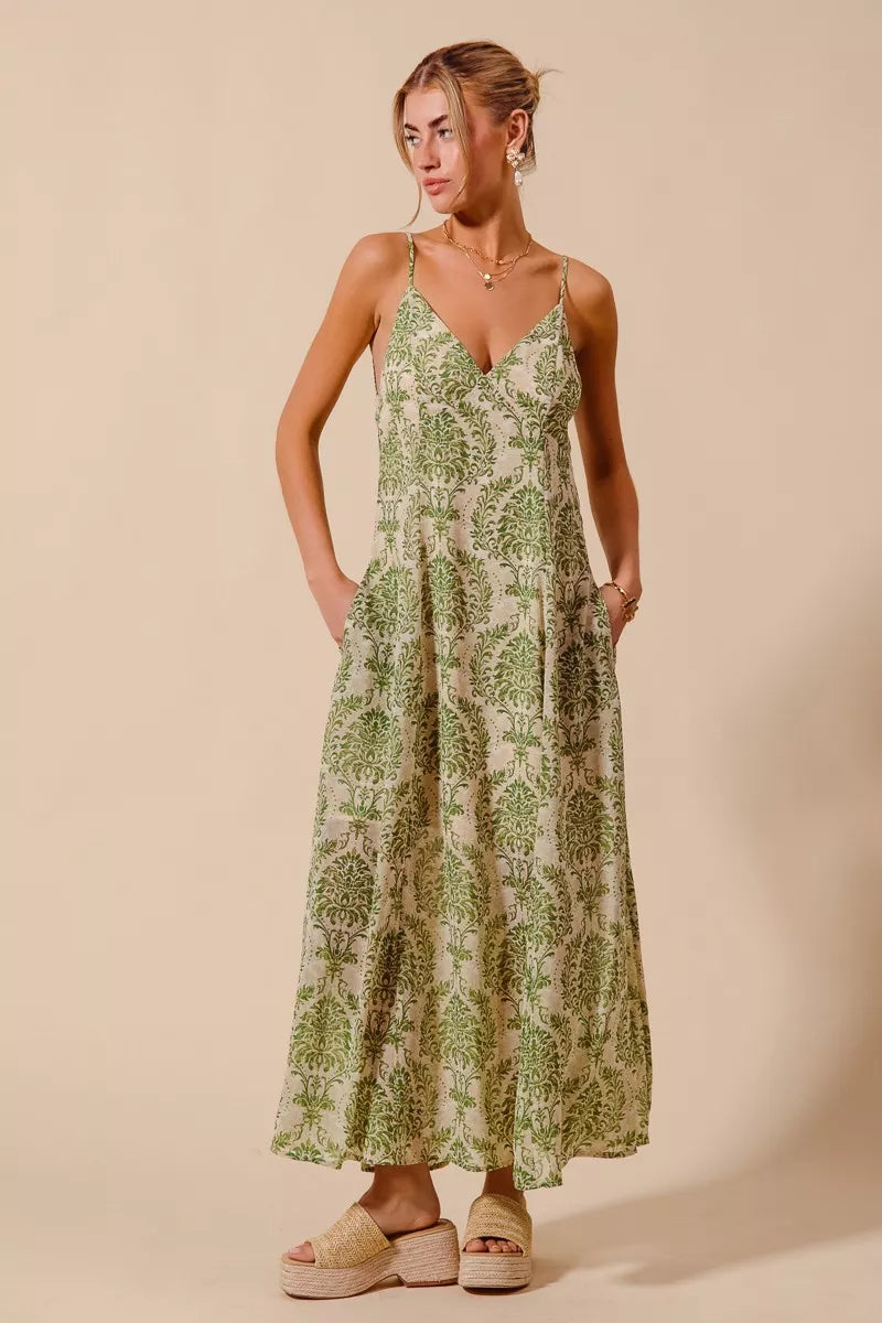 SO ME damask floral sage green maxi dress with open back