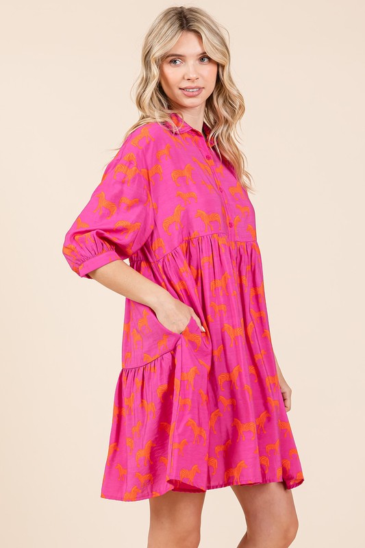 Mittoshop Hot Pink Zebra Print Button Down Shirt Mini Dress Mini Dresses