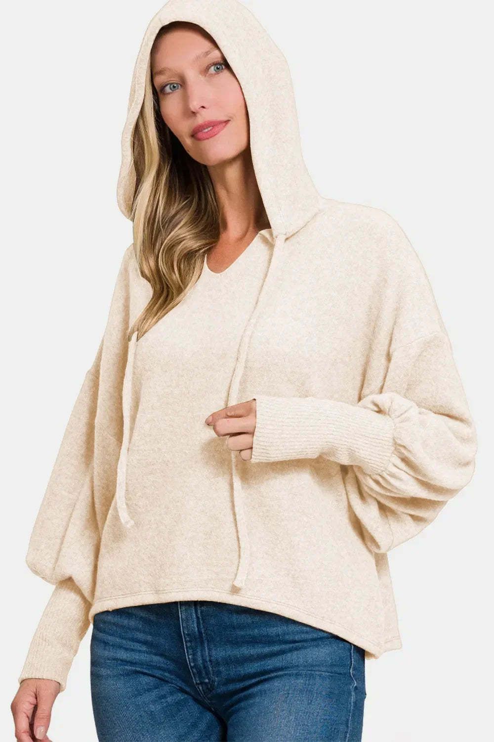 Zenana Brushed Hacci cream hoodie with drop shoulders and cropped fit